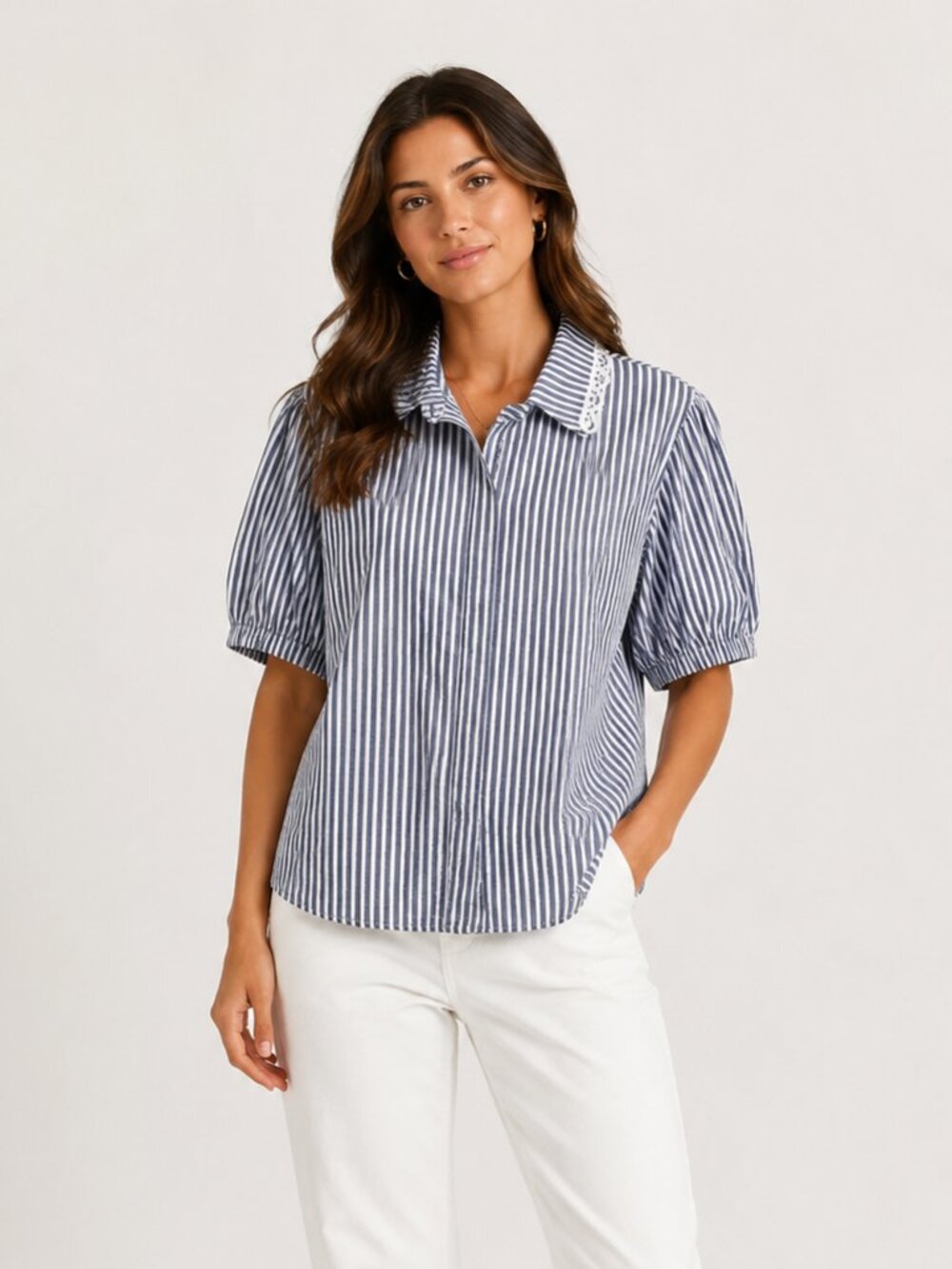 A143 • Blue Stripe Lace Collar Puff Sleeve Button-Up Blouse